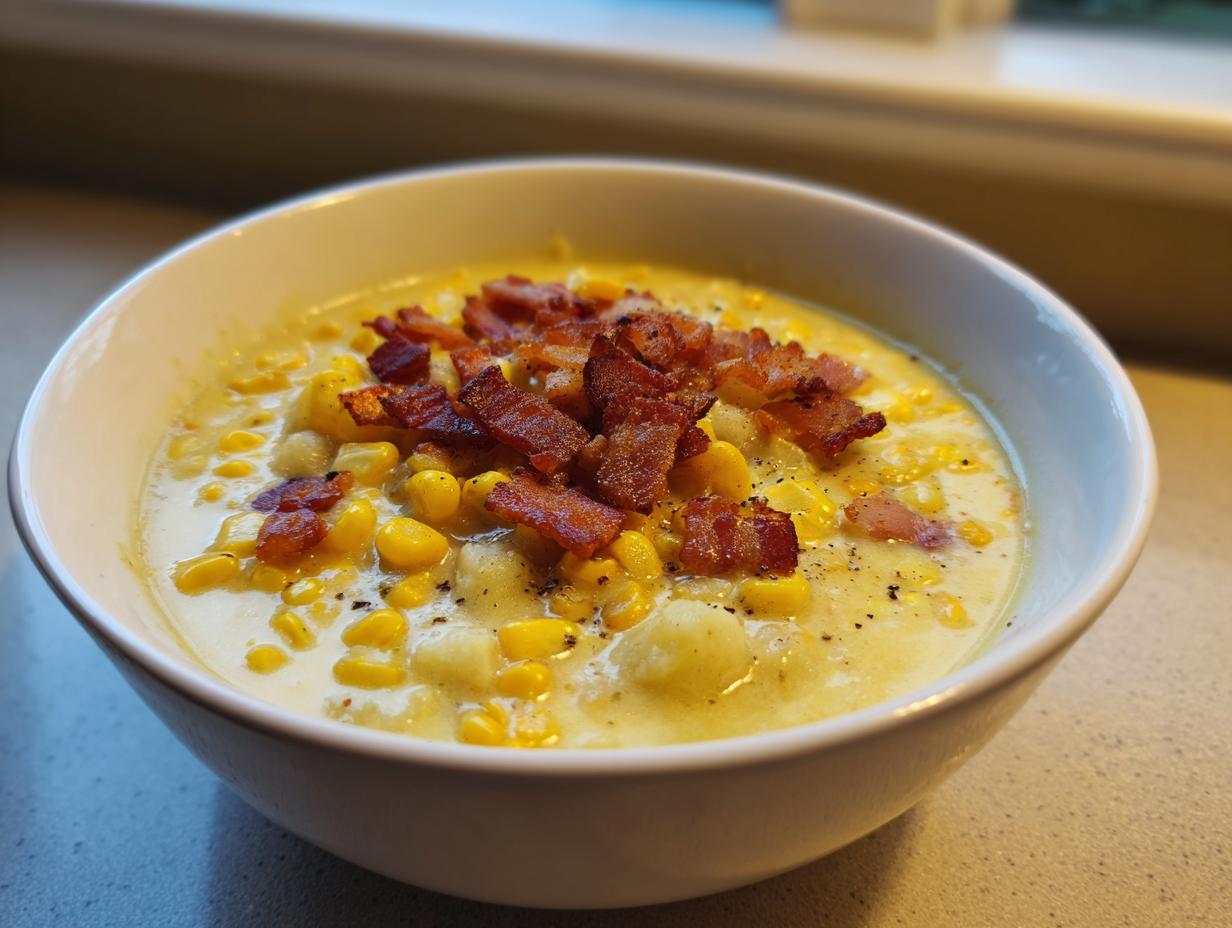 A close-up of a white bowl filled with rich, creamy corn chowder, generously topped with crispy bacon pieces.