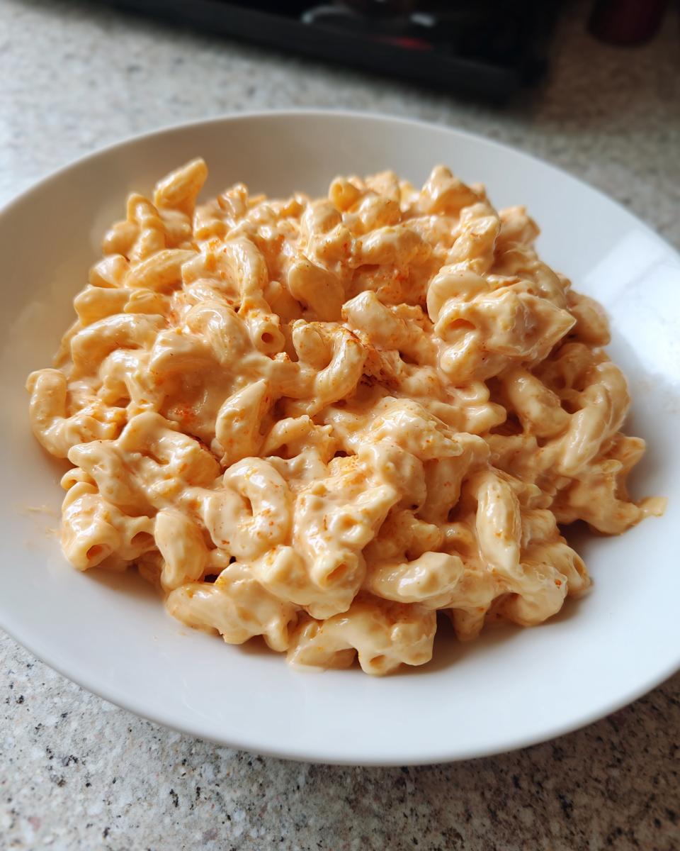 A close-up of creamy, orange-tinted cottage cheese mac and cheese served in a white bowl.