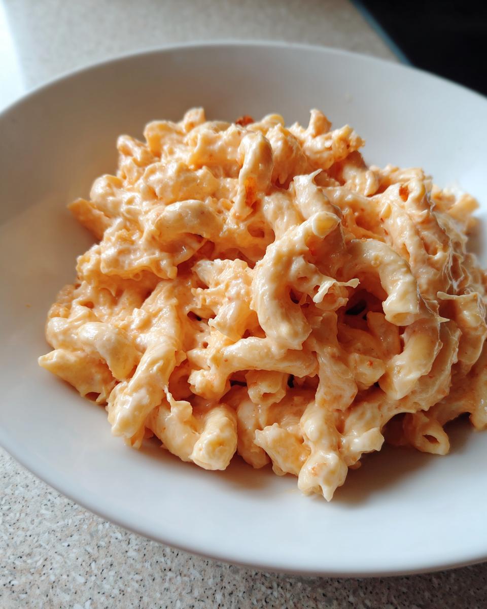 Close-up of creamy, orange-tinted cottage cheese mac and cheese served in a white bowl.