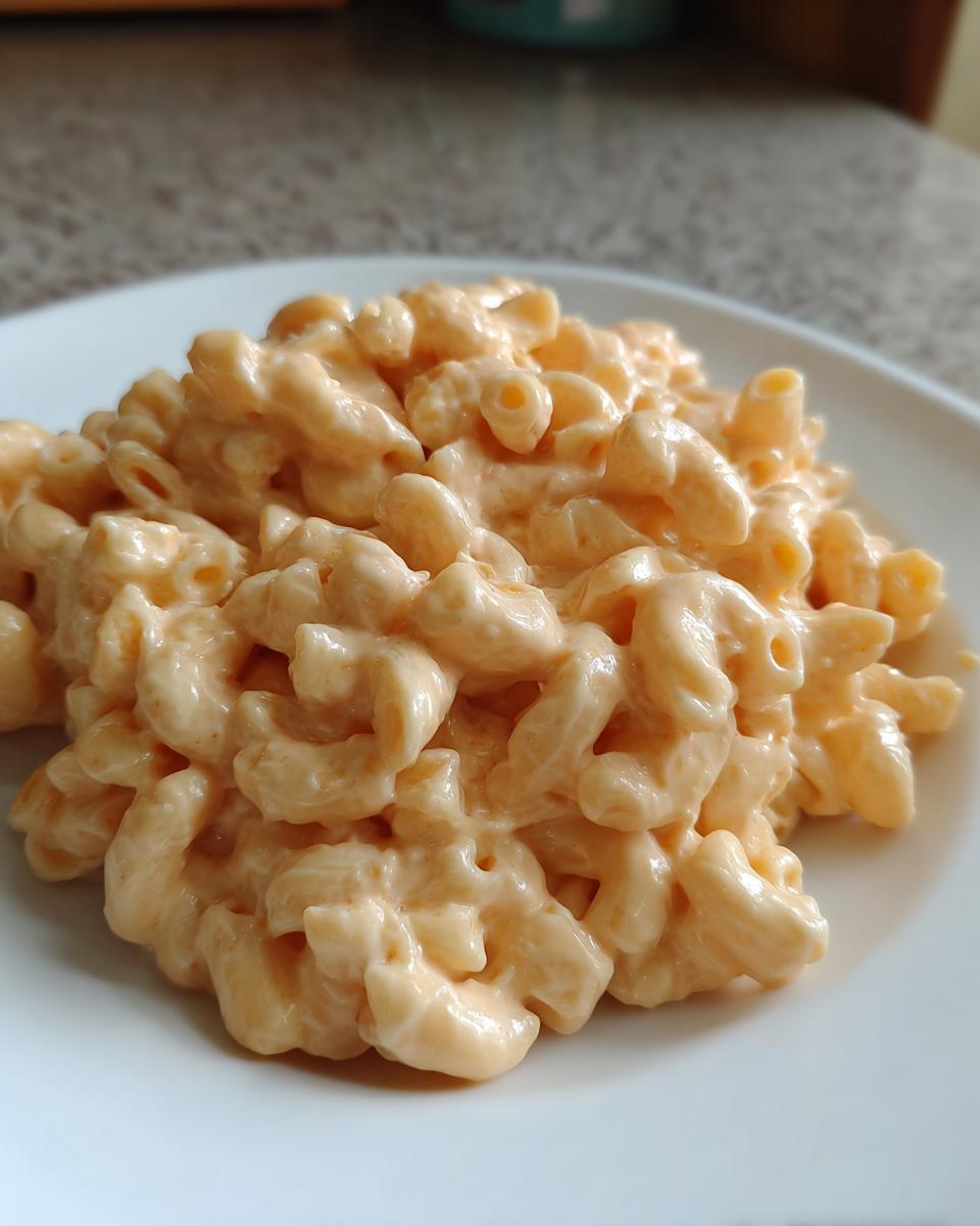 Close-up of creamy, cheesy elbow macaroni on a white plate, highlighting the cottage cheese mac and cheese.