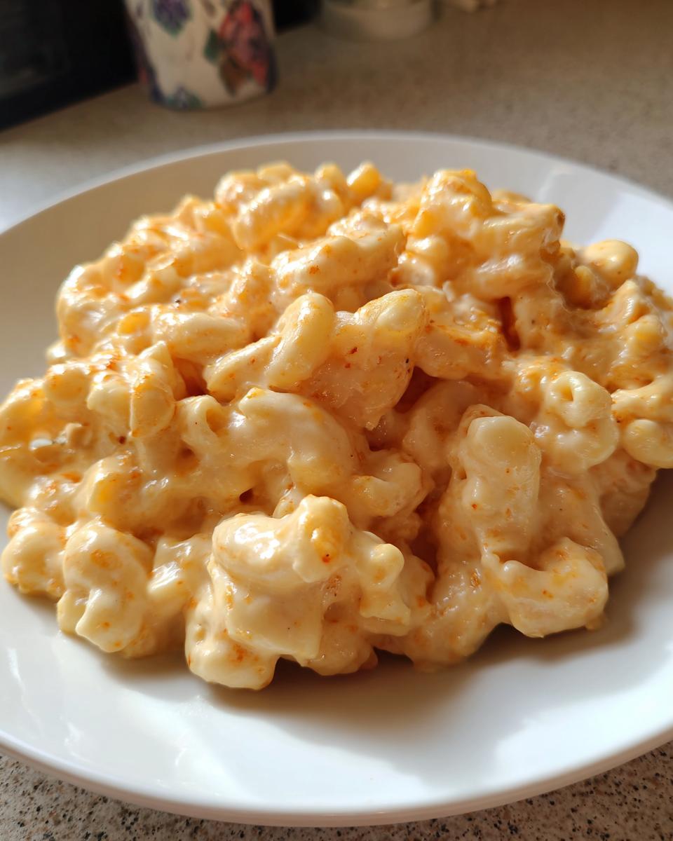 A close-up of creamy, cheesy cottage cheese mac and cheese served in a mound on a white plate.