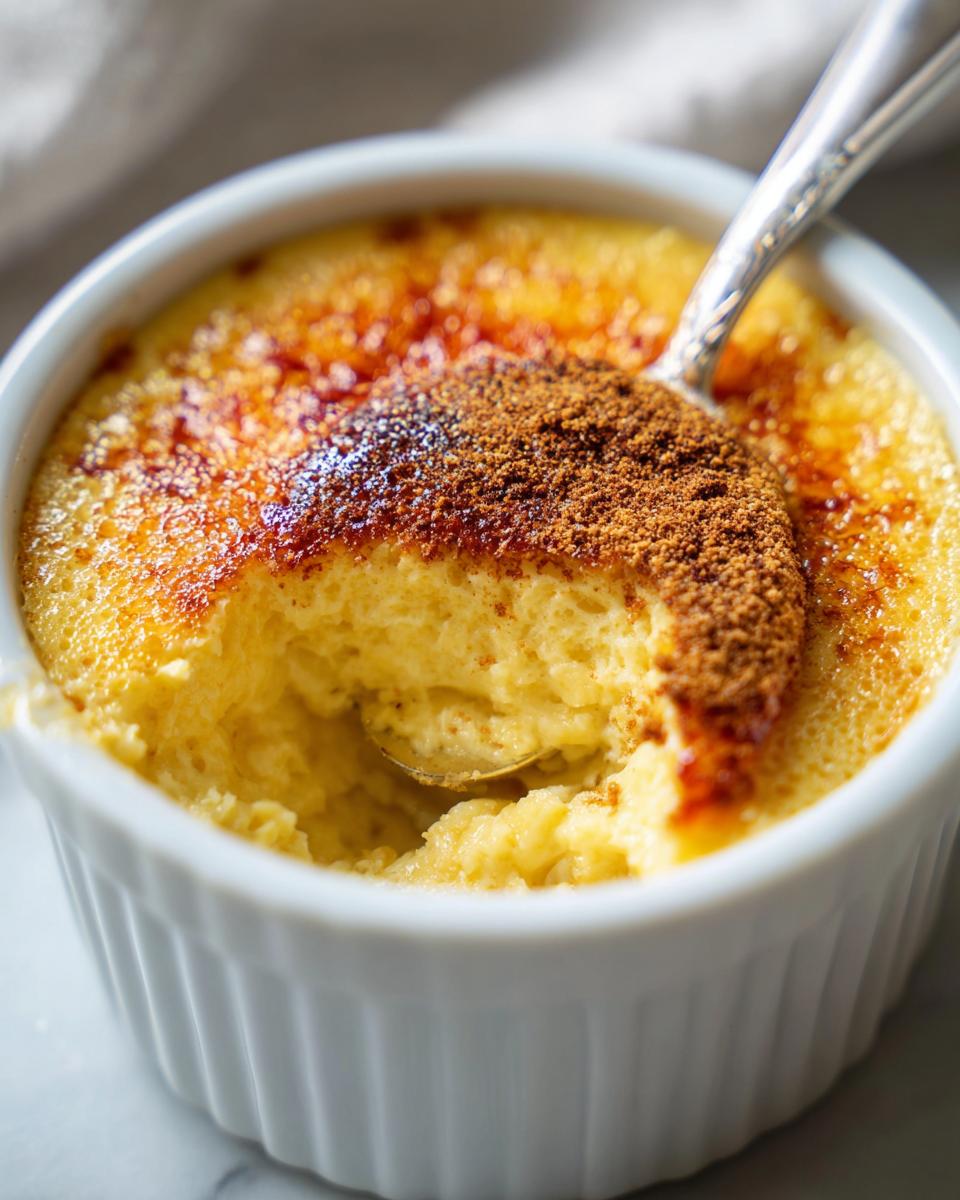 Close-up of a creamy egg custard in a white ramekin, being scooped with a spoon, showing a caramelized top dusted with cinnamon.