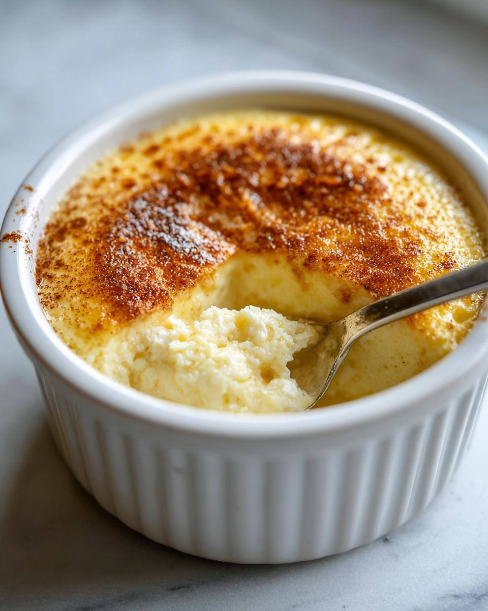 A spoonful being taken from a creamy, baked egg custard in a white ramekin with a caramelized top.