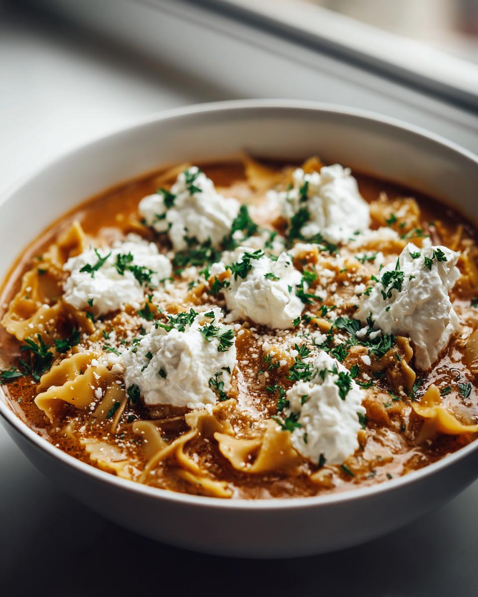 Close-up of a white bowl filled with rich, creamy lasagna soup featuring bowtie pasta, dollops of ricotta, and fresh parsley.
