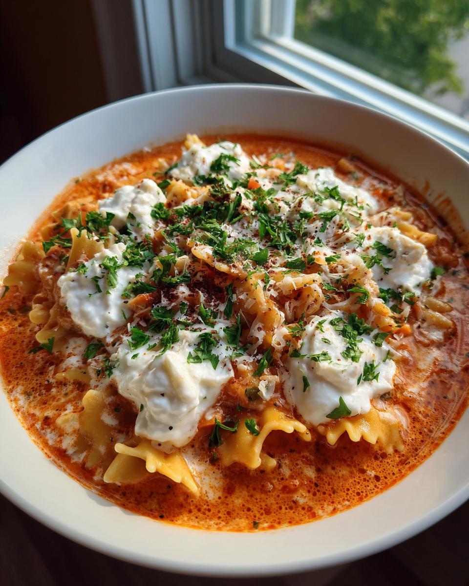 A close-up of a bowl of rich, tomato-based lasagna soup featuring bow-tie pasta, dollops of ricotta, and fresh parsley.