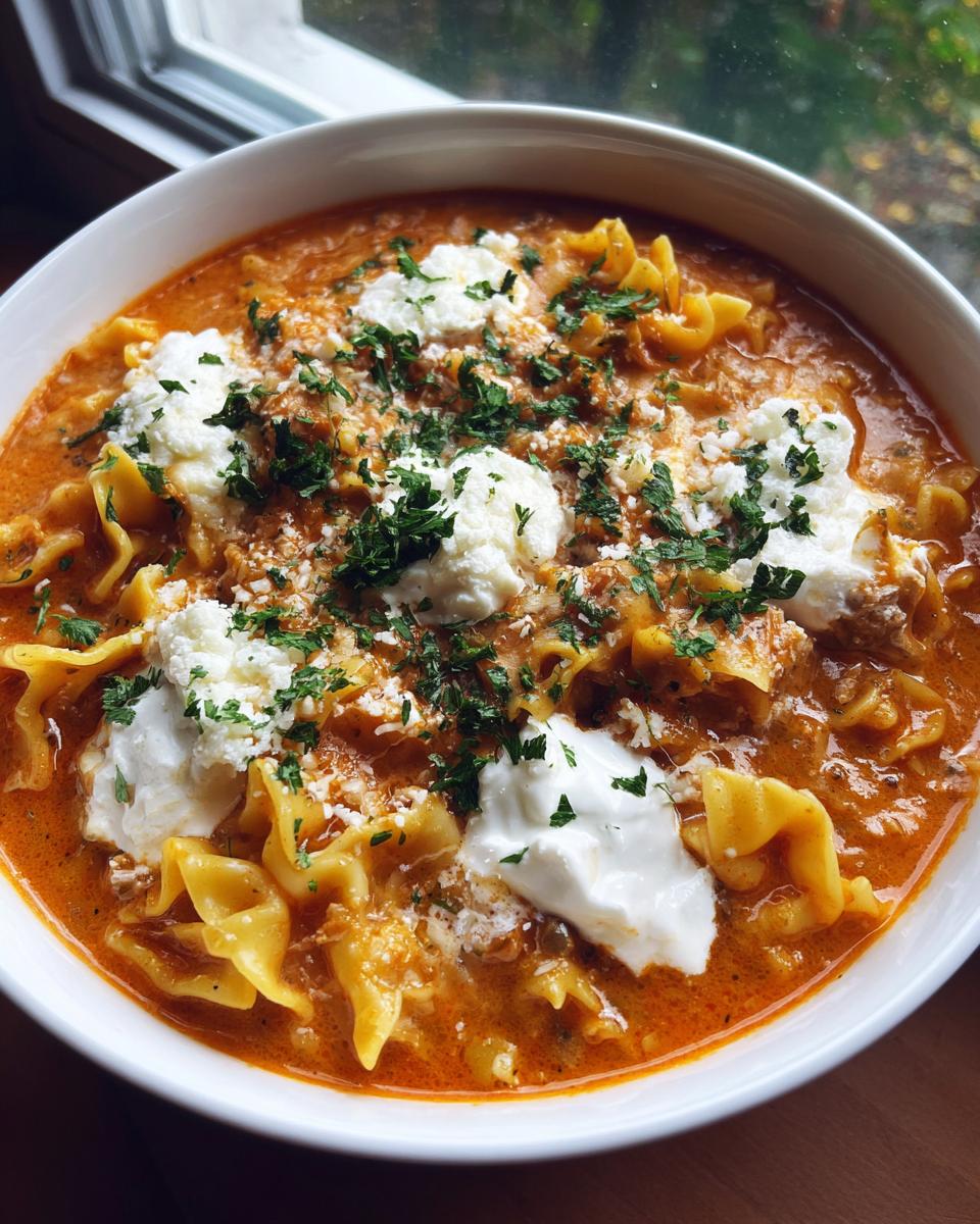 Close-up of a hearty bowl of lasagna soup with ruffled pasta, topped with dollops of ricotta cheese and fresh parsley.
