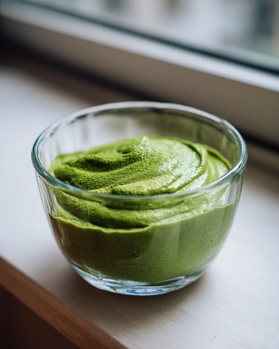 Close-up of vibrant green matcha chia pudding topped with extra matcha powder in a clear glass bowl.