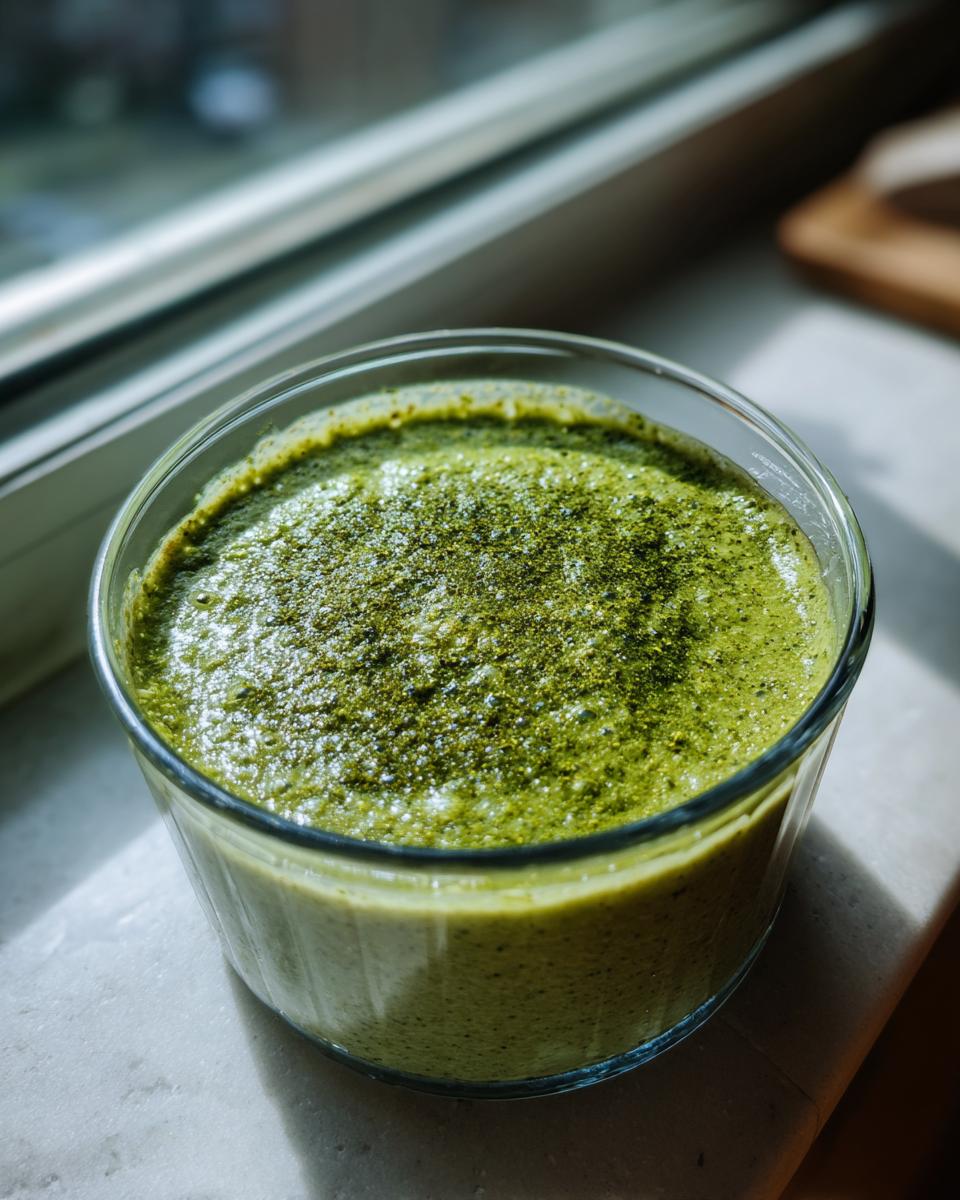 Close-up of creamy matcha chia pudding topped with extra matcha powder in a clear glass bowl.