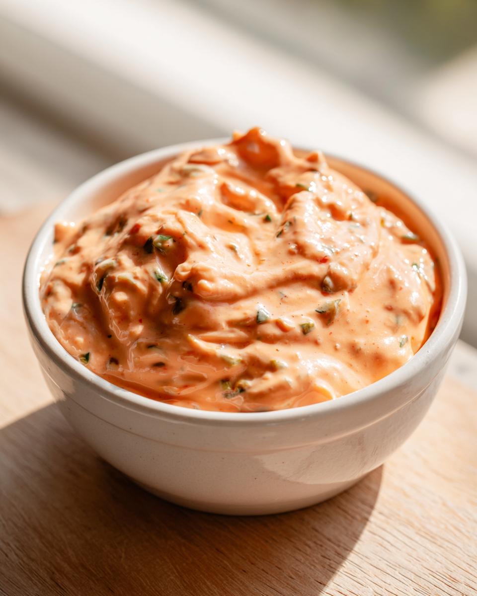 Close-up of creamy, orange-colored burger sauce with visible green herbs in a small white bowl.