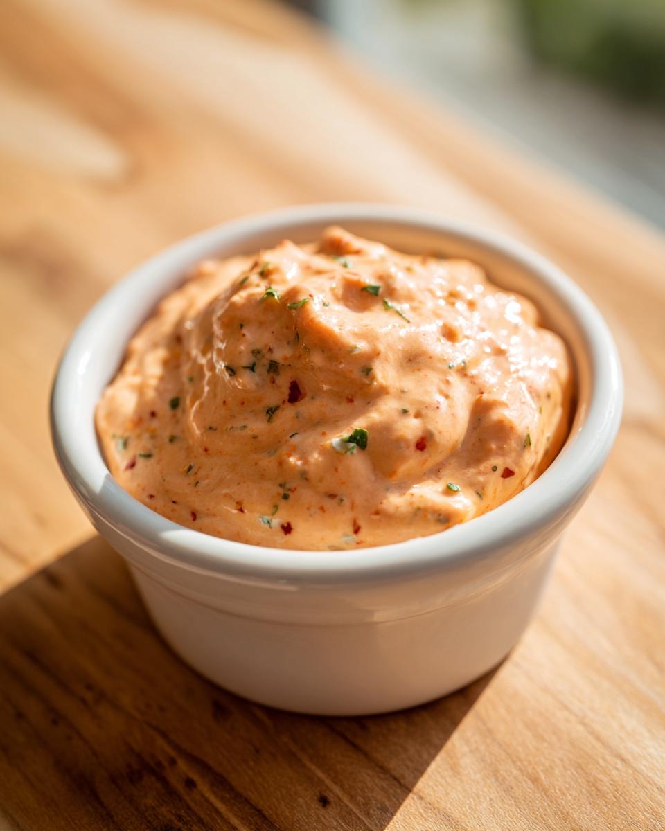 Close-up of creamy, orange burger sauce speckled with herbs and spices in a small white bowl.