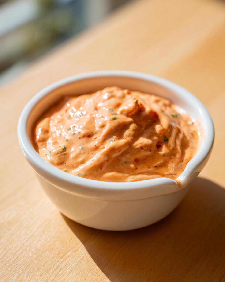 Close-up of creamy, orange-colored burger sauce with visible specks of herbs and spice in a small white bowl.