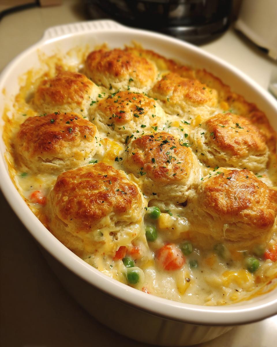 A creamy pot pie casserole topped with golden brown biscuits, garnished with parsley.