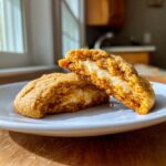 A pumpkin cheesecake cookie cut in half showing the thick, creamy cheesecake filling inside the soft pumpkin cookie.