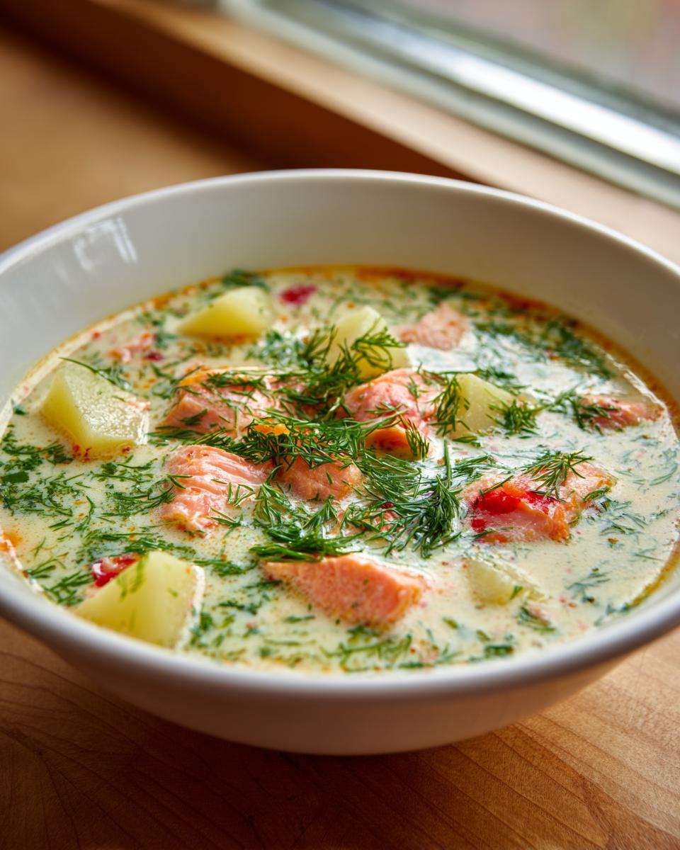 A close-up of a white bowl filled with creamy salmon soup, featuring chunks of pink salmon, potatoes, and fresh dill.
