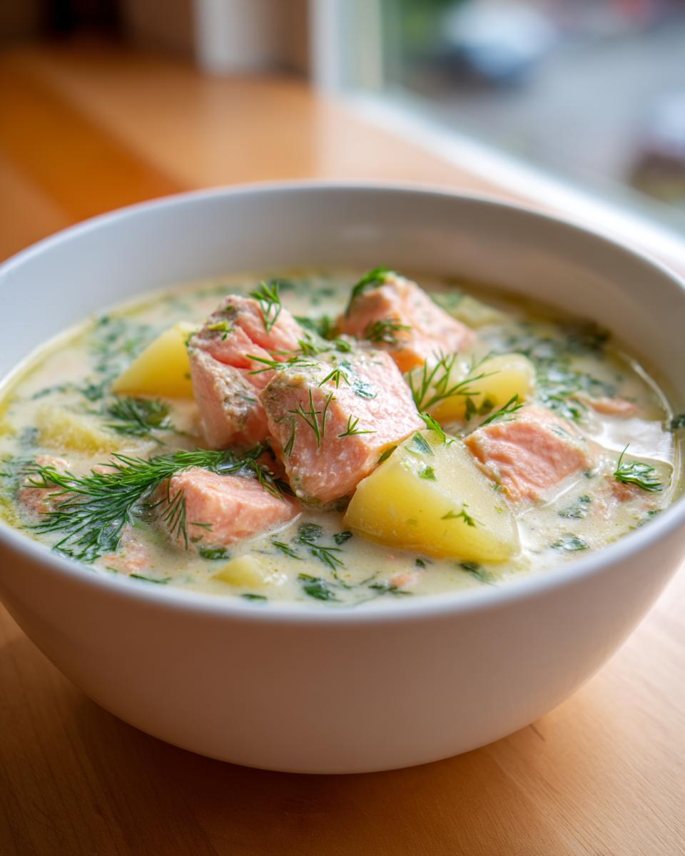 Close-up of a white bowl filled with creamy salmon soup, featuring chunks of pink salmon and potatoes, garnished with fresh dill.
