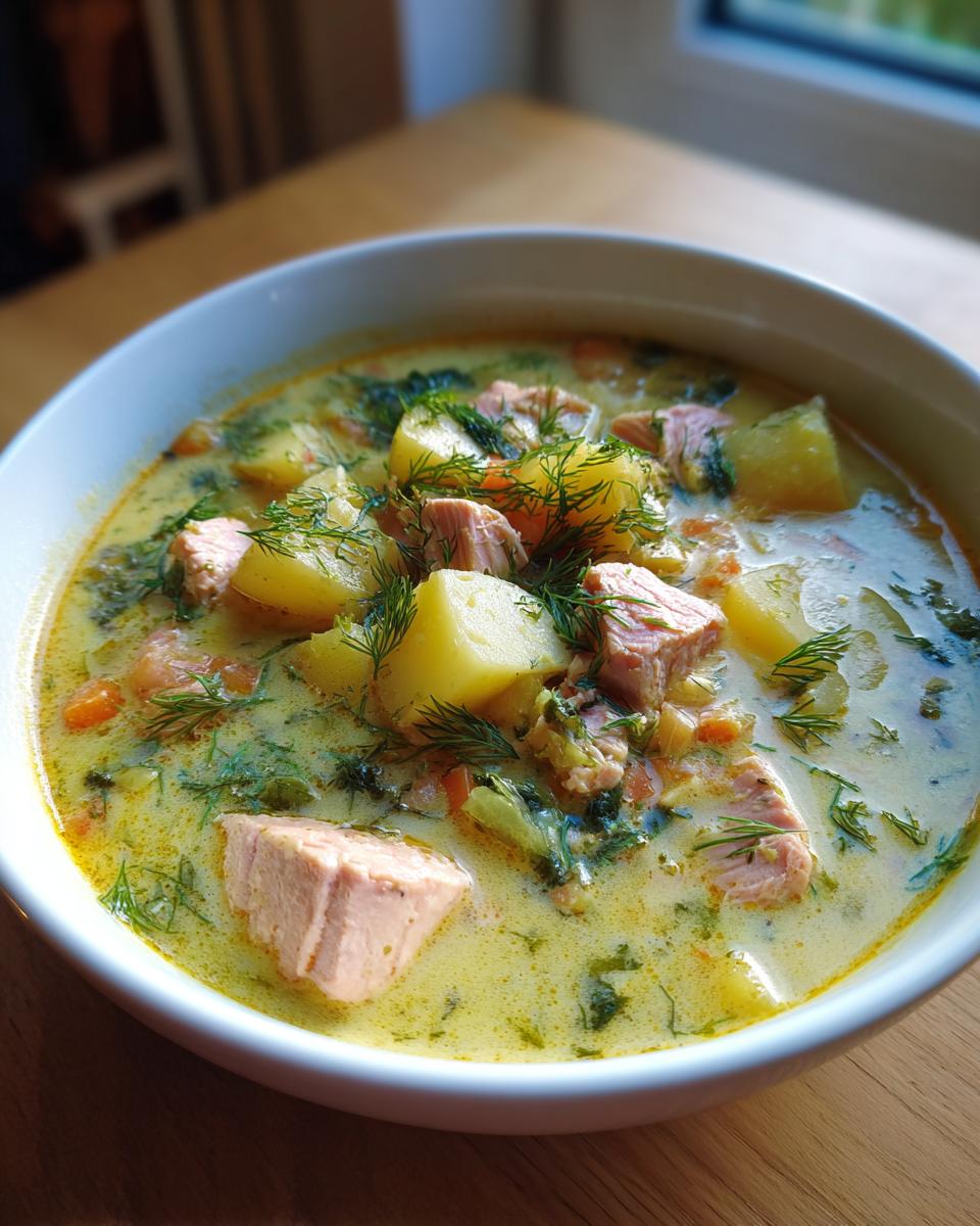 Close-up of a creamy salmon soup featuring chunks of pink salmon, potatoes, and fresh dill.