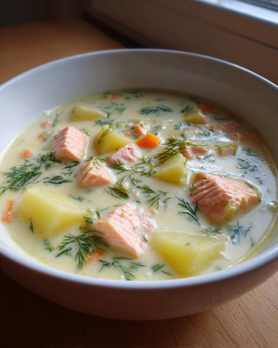 Close-up of a creamy bowl of salmon soup featuring chunks of pink salmon, potatoes, carrots, and fresh dill.