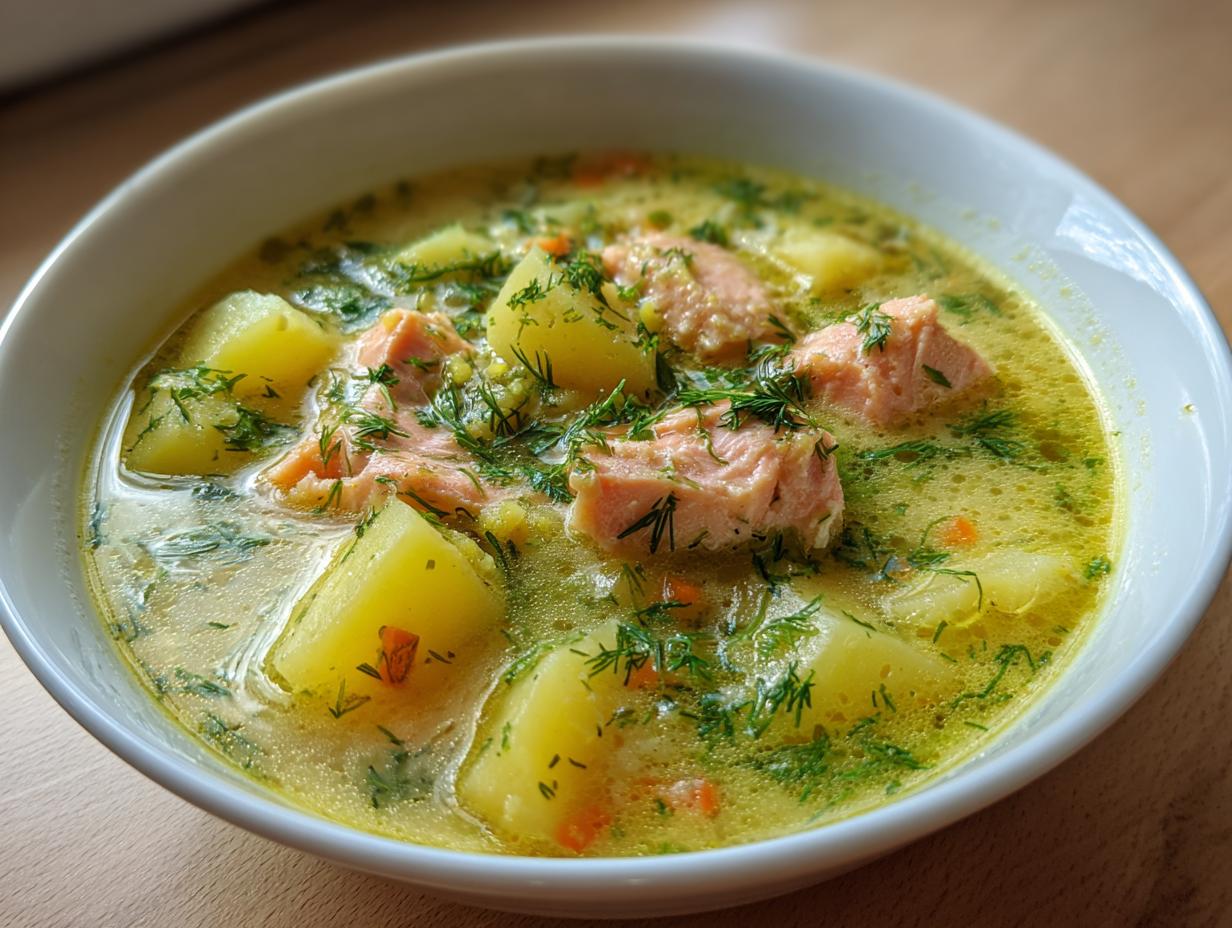 A close-up view of a bowl of creamy salmon soup filled with large chunks of potato, pink salmon pieces, and fresh dill.