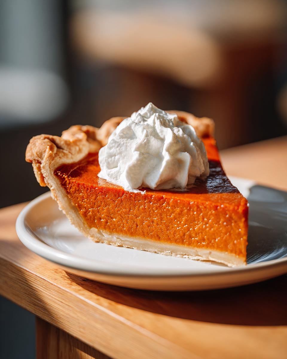 A close-up of a thick slice of creamy sweet potato pie topped with a dollop of whipped cream.