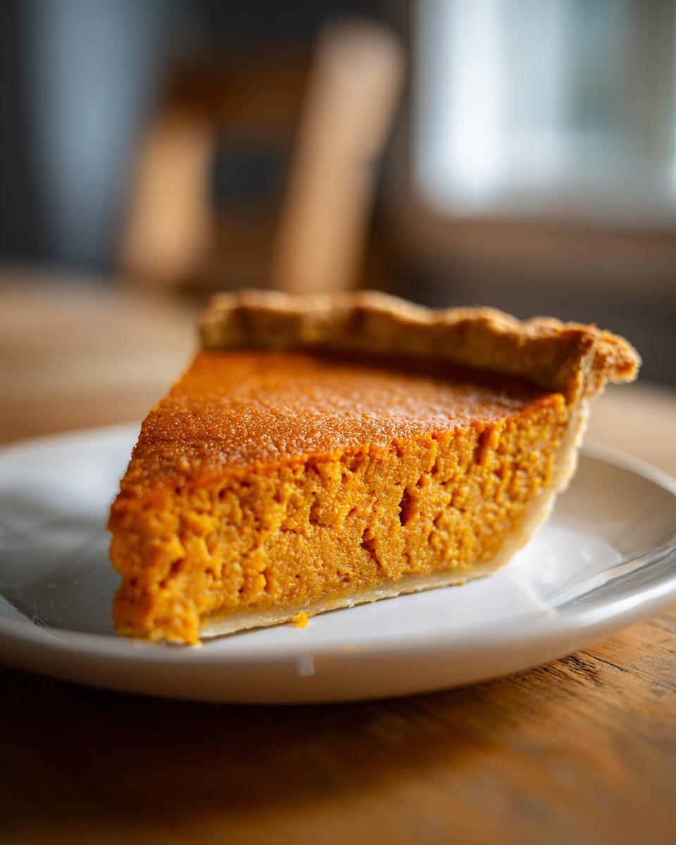 A close-up of a thick slice of creamy sweet potato pie resting on a white plate.