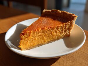 A close-up slice of creamy sweet potato pie resting on a white plate, highlighted by warm sunlight.