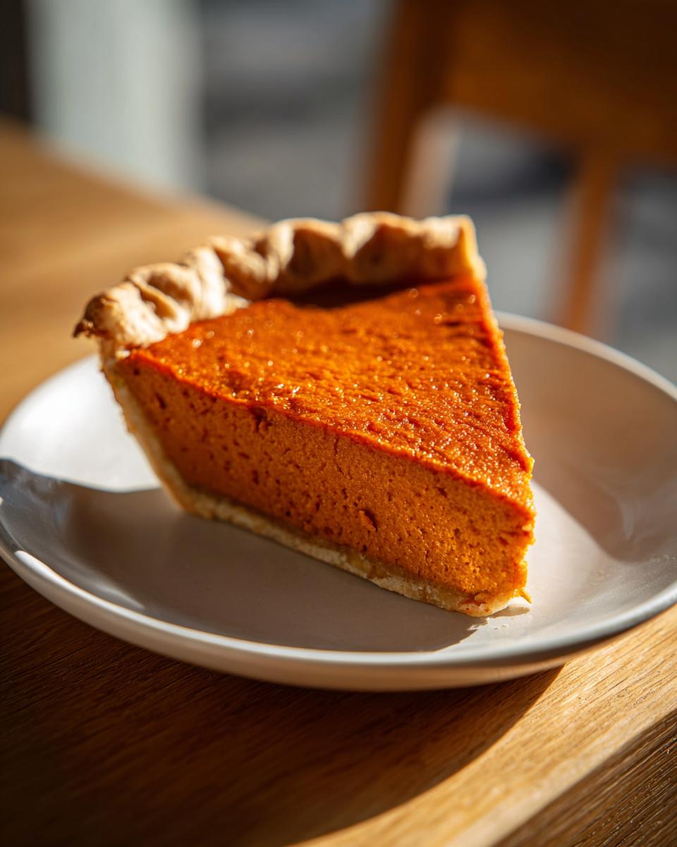 A perfect slice of creamy sweet potato pie with a flaky crust resting on a white plate.
