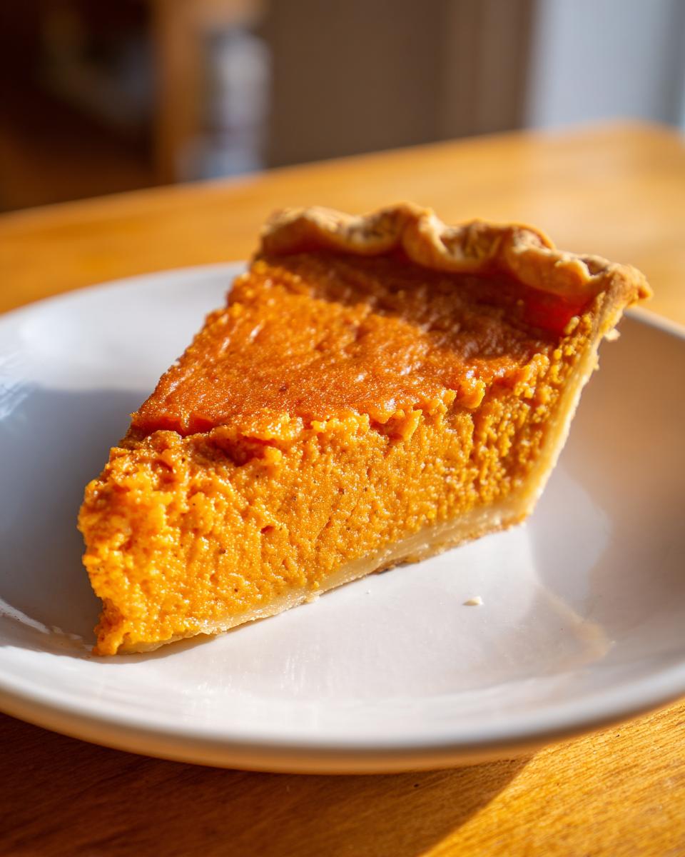 Close-up of a thick, creamy slice of sweet potato pie resting on a white plate.