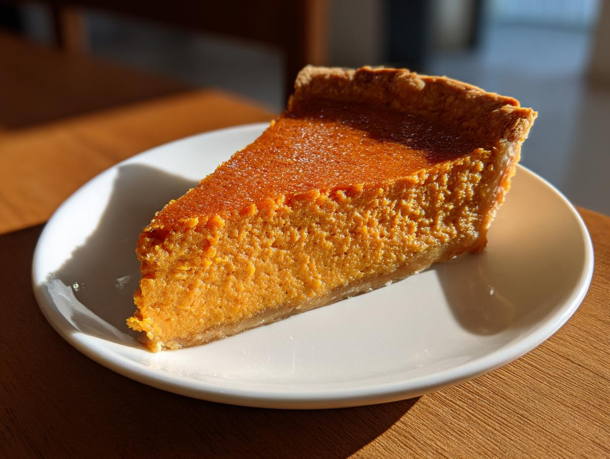 A close-up slice of creamy sweet potato pie resting on a white plate, highlighted by warm sunlight.