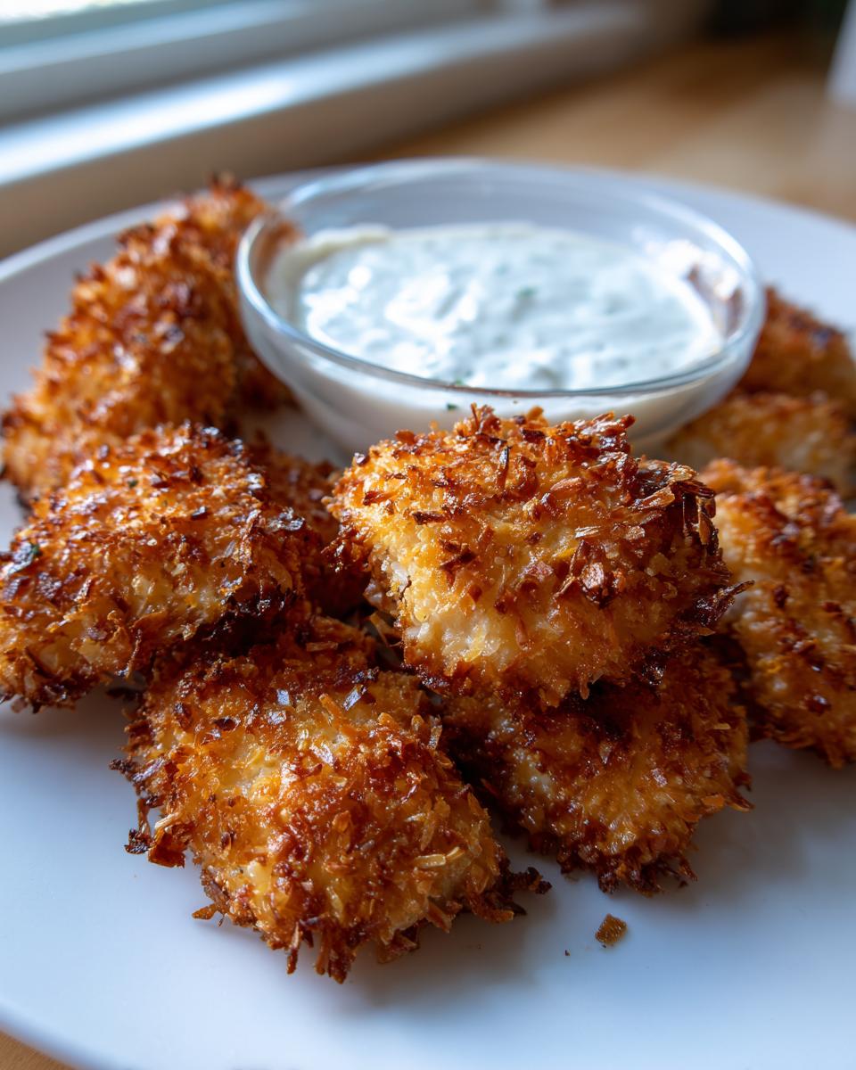 Close-up of golden brown, crispy coconut chicken pieces served with a small bowl of creamy dipping sauce.
