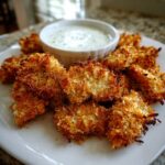 Golden brown, crispy coconut chicken pieces served on a white plate with a side of creamy dipping sauce.