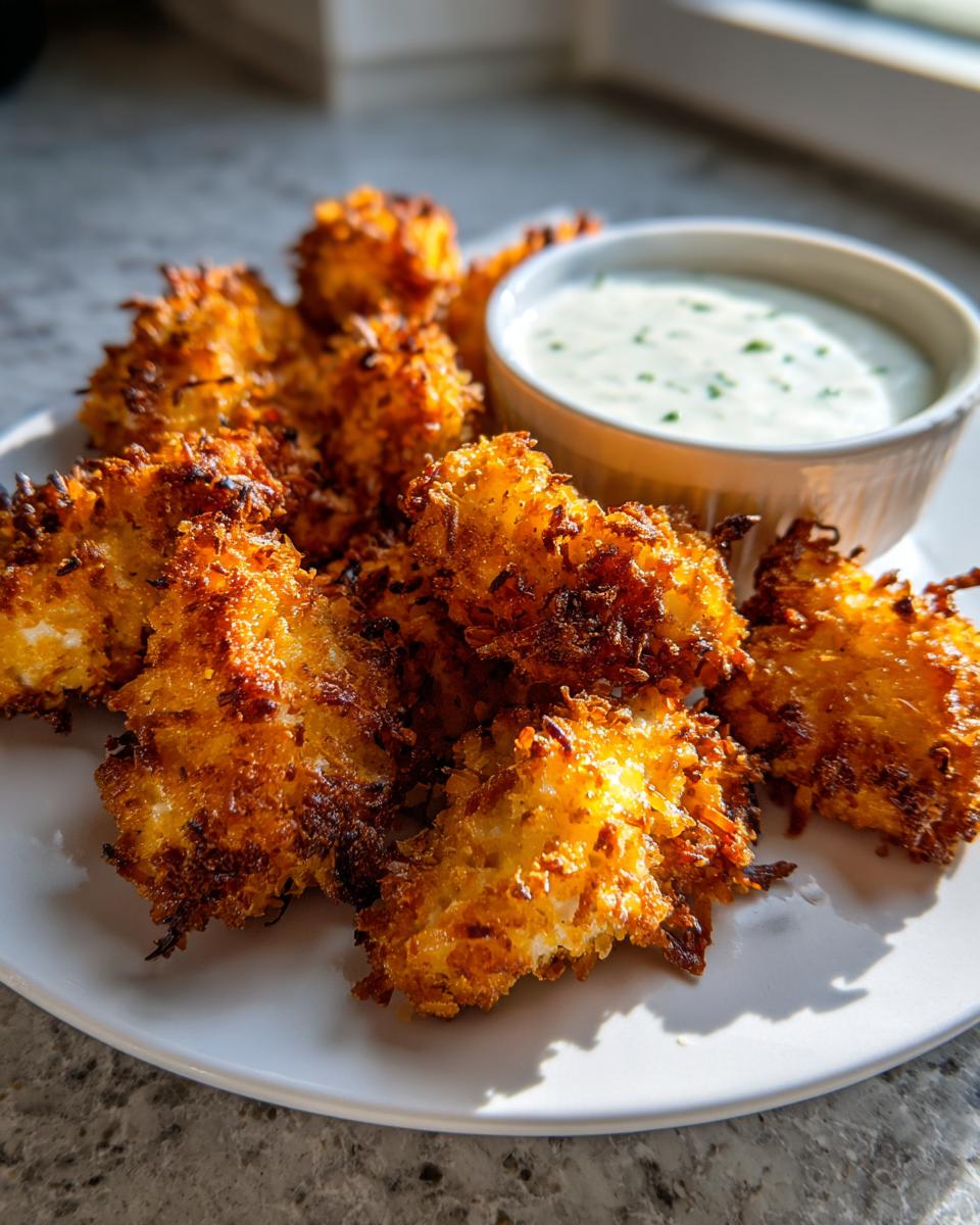 Golden brown, crispy coconut chicken pieces served on a white plate next to a small bowl of creamy dipping sauce.