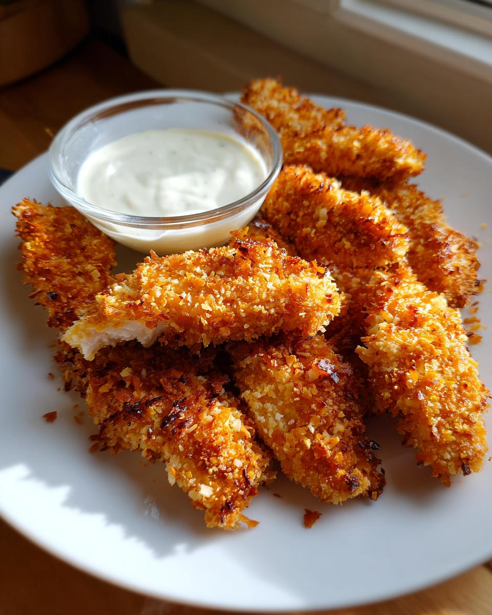 A plate of golden brown, crispy coconut chicken tenders served with a small bowl of white dipping sauce.