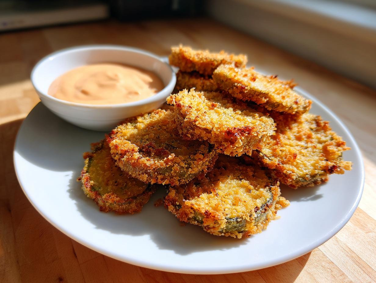 A plate of golden, crispy fried green tomatoes served with a small bowl of spicy dipping sauce.