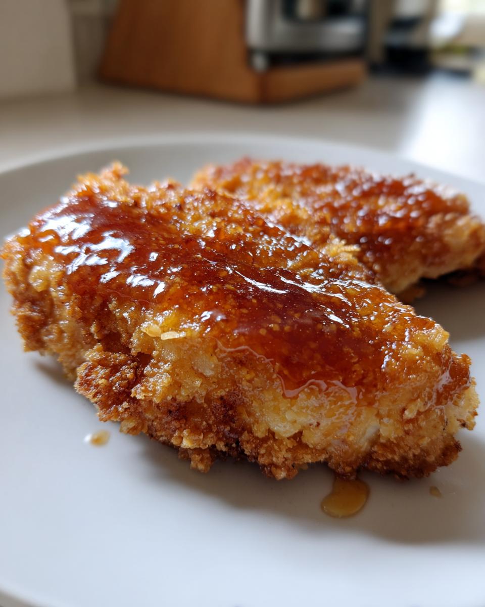 Close-up of crispy fried chicken pieces generously drizzled with a shiny, amber hot honey glaze.