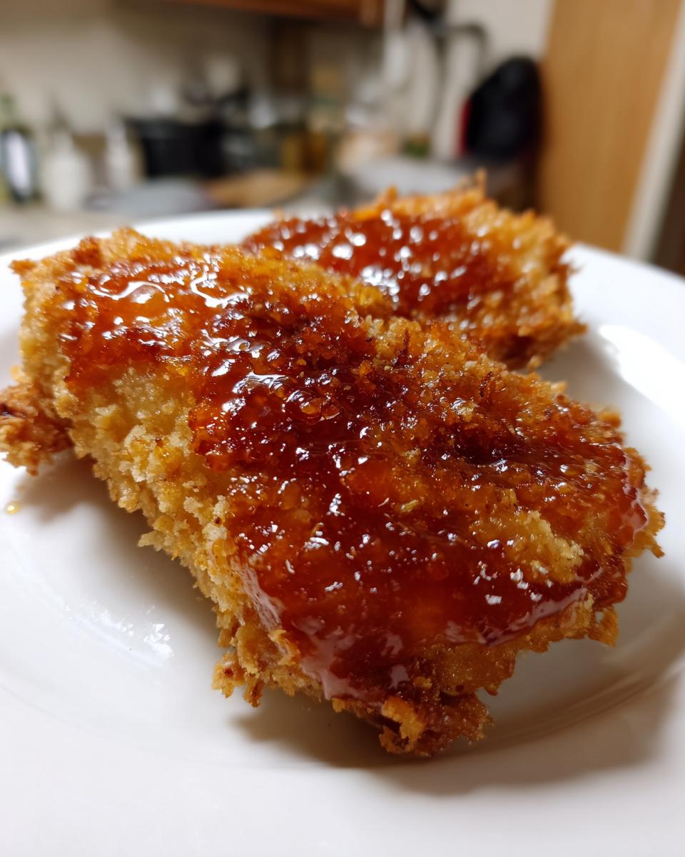 Two pieces of crispy fried chicken generously drizzled with glossy hot honey sauce.