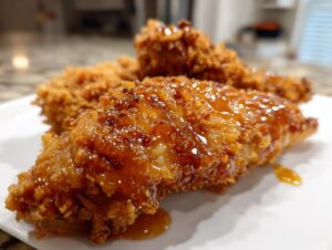 Close-up of crispy fried chicken pieces coated in a shiny, sweet glaze, perfect for hot honey chicken.