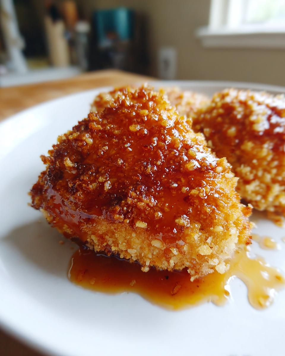 Close-up of crispy breaded chicken pieces generously coated in a shiny, amber hot honey glaze.