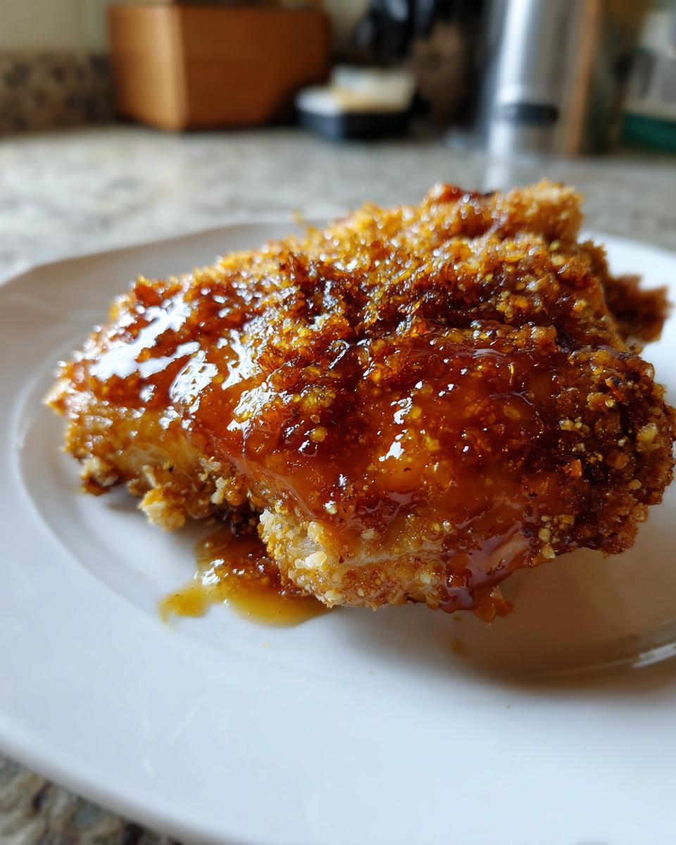 Close-up of a piece of crispy breaded hot honey chicken generously coated in a shiny, thick glaze.
