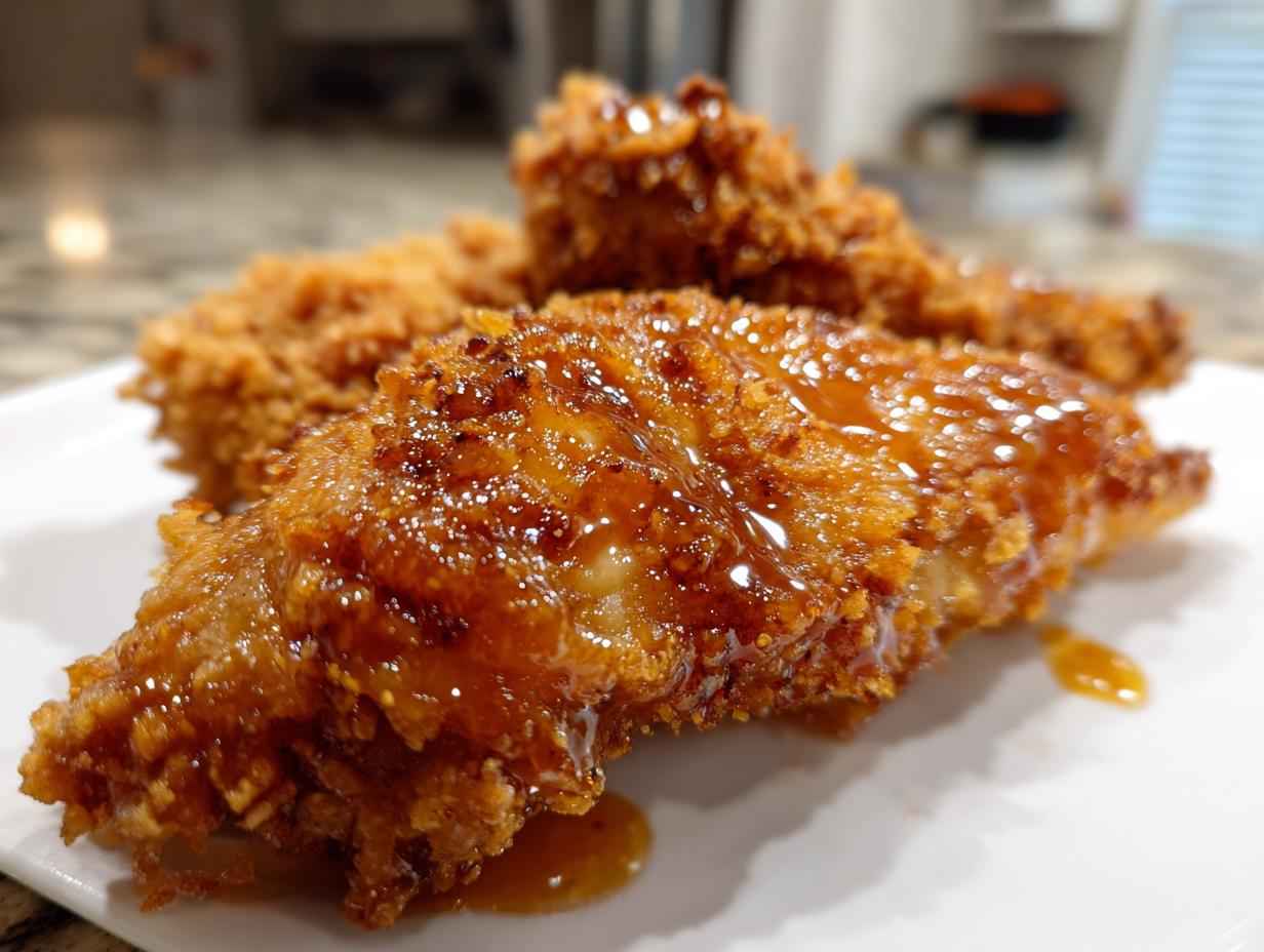 Close-up of crispy fried chicken pieces coated in a shiny, sweet glaze, perfect for hot honey chicken.