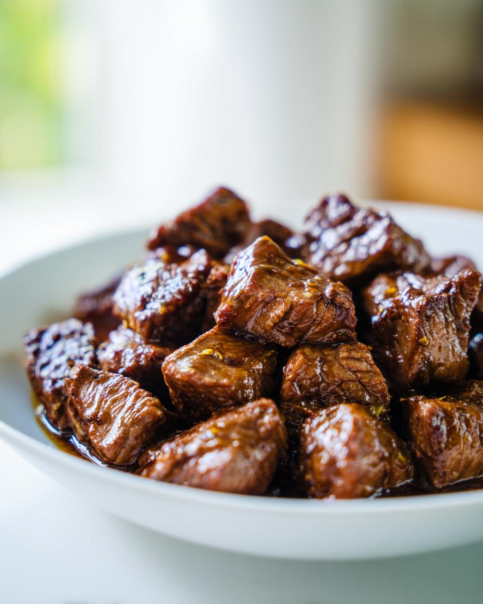Close-up of tender, glazed crockpot steak bites piled high in a white bowl.