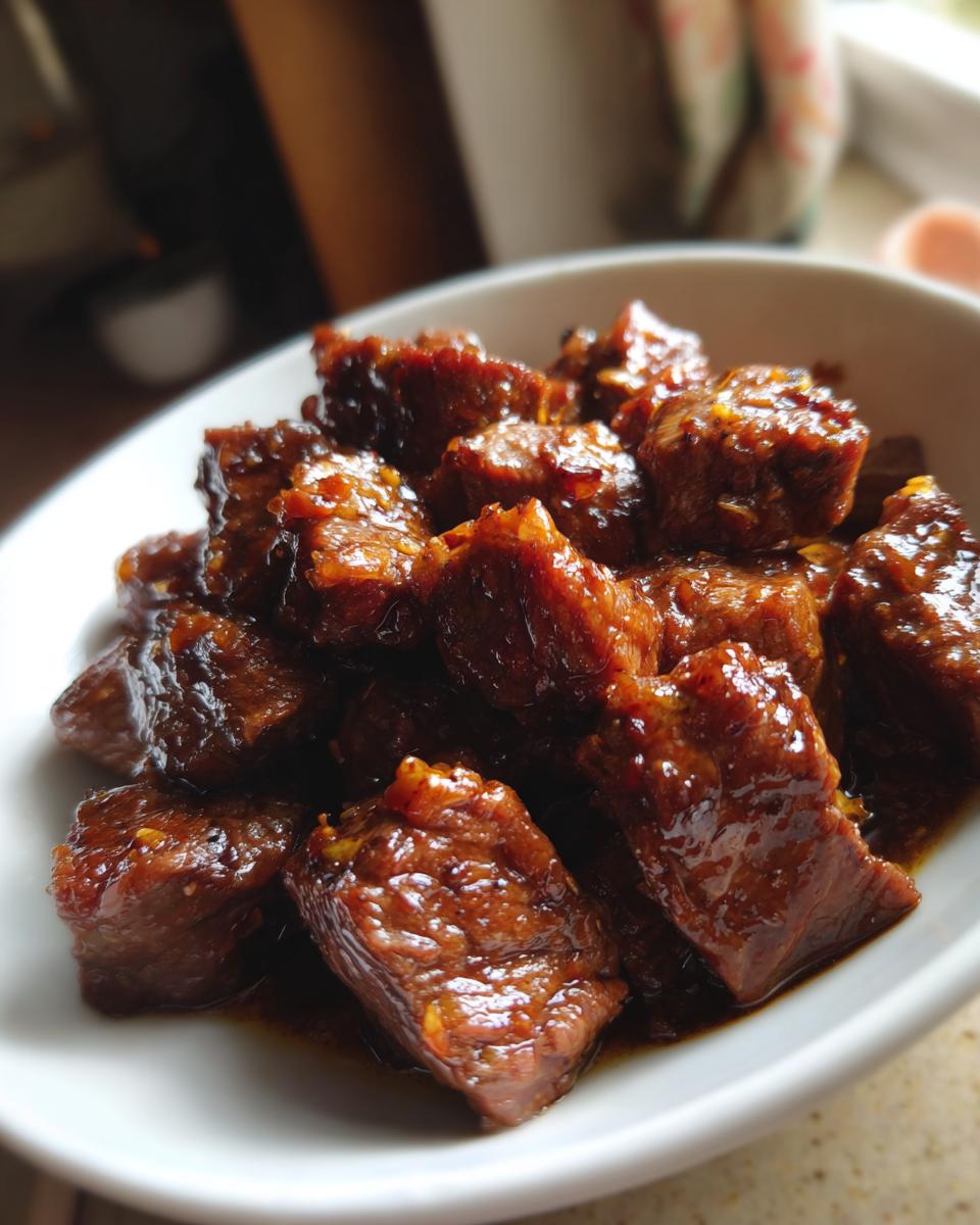 Close-up of tender, saucy crockpot steak bites served in a small white bowl.
