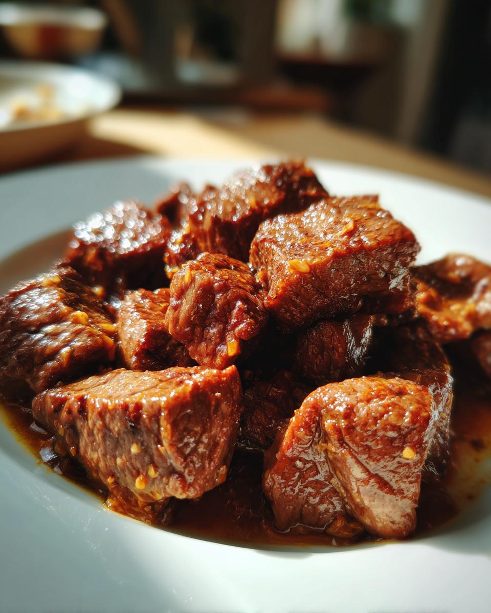 Close-up of tender, saucy crockpot steak bites piled on a white plate, glistening in the sunlight.