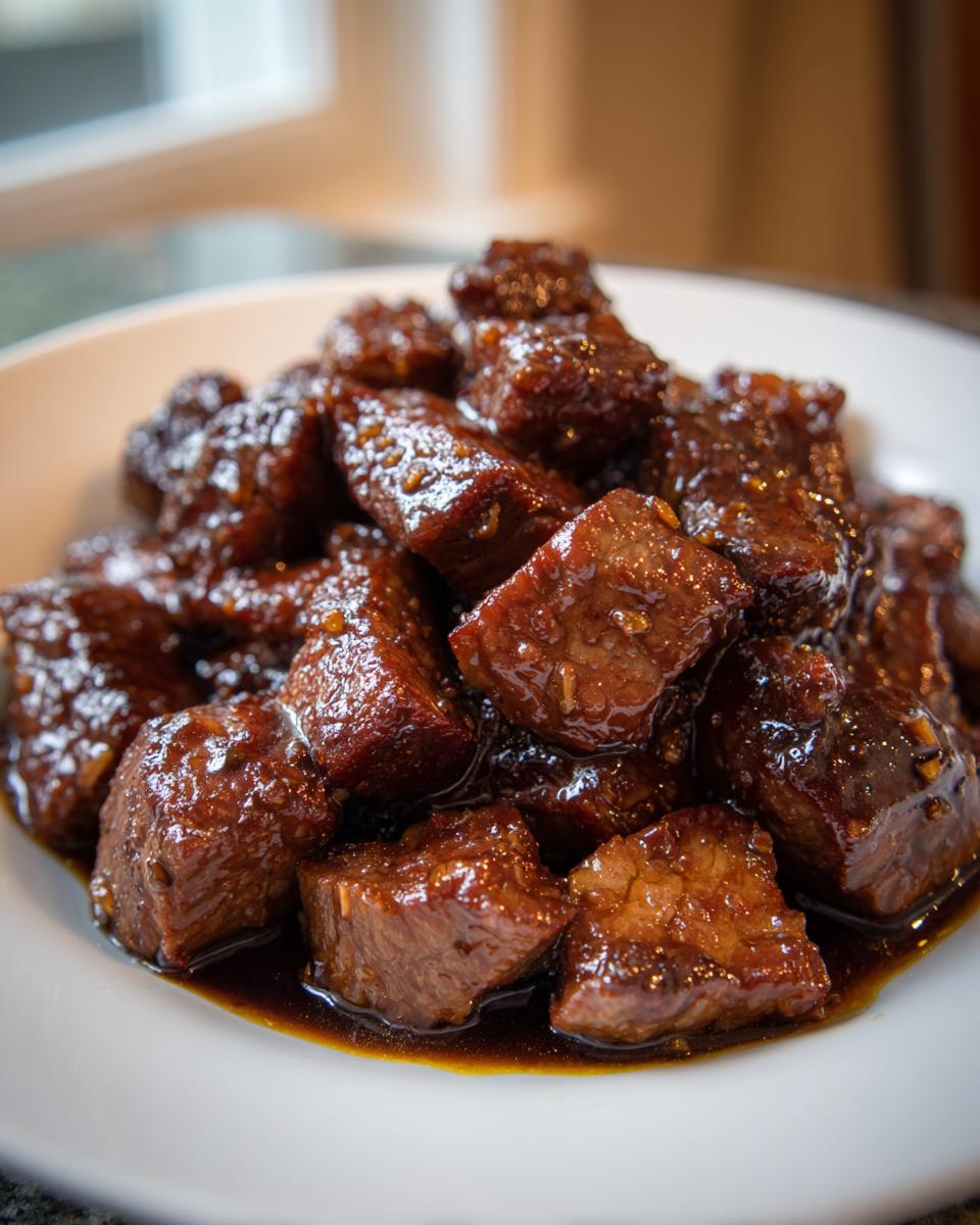 Close-up of tender crockpot steak bites coated in a thick, glossy brown sauce served on a white plate.