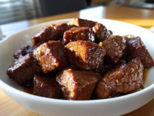 Close-up of tender, glazed crockpot steak bites served in a white bowl.
