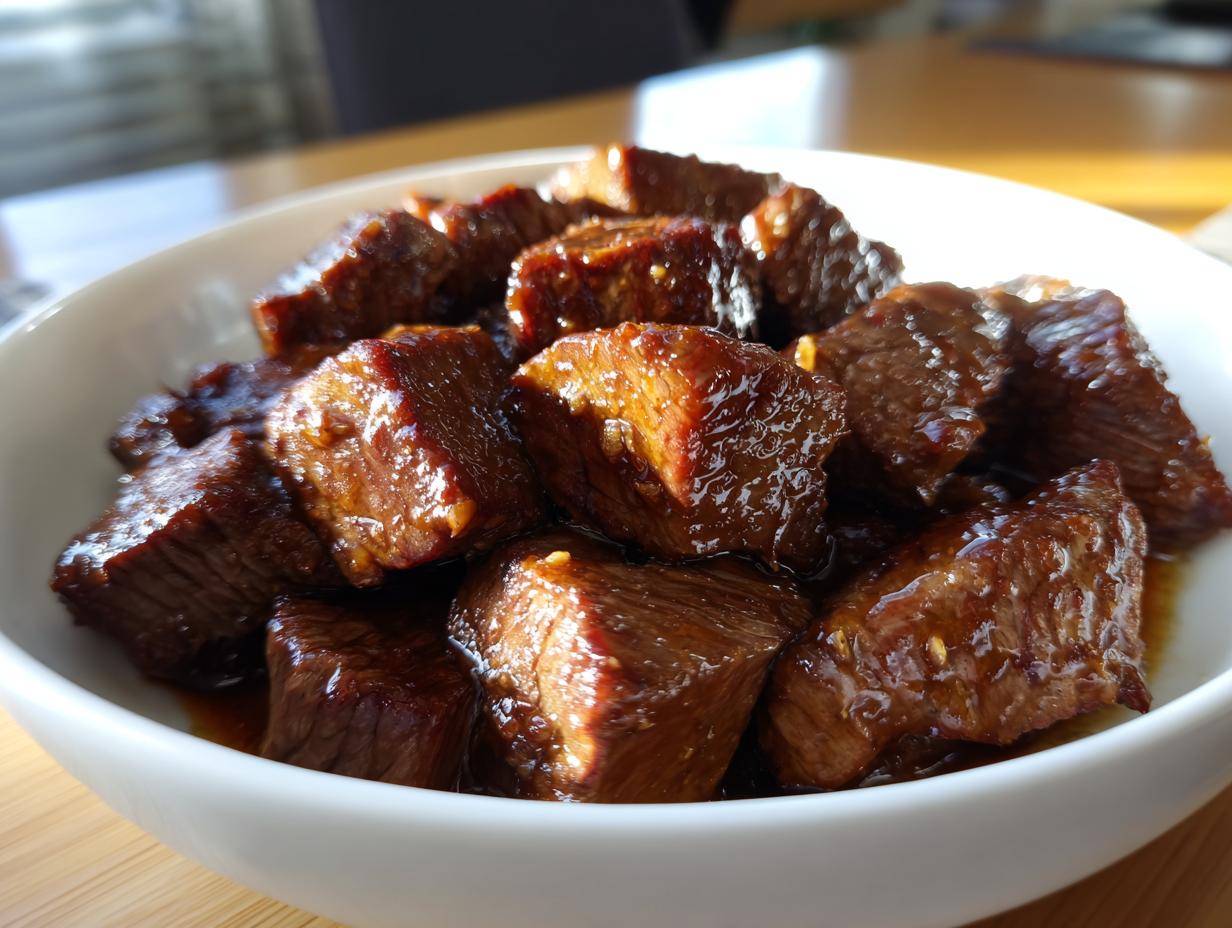 Close-up of tender, glazed crockpot steak bites served in a white bowl.
