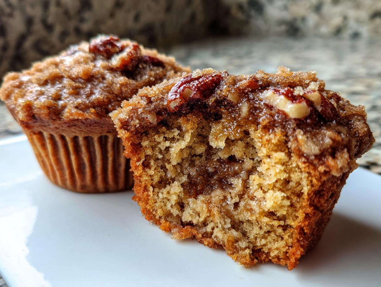Close-up of two pecan pie muffins, one cut open to show the moist, gooey center and pecan topping.