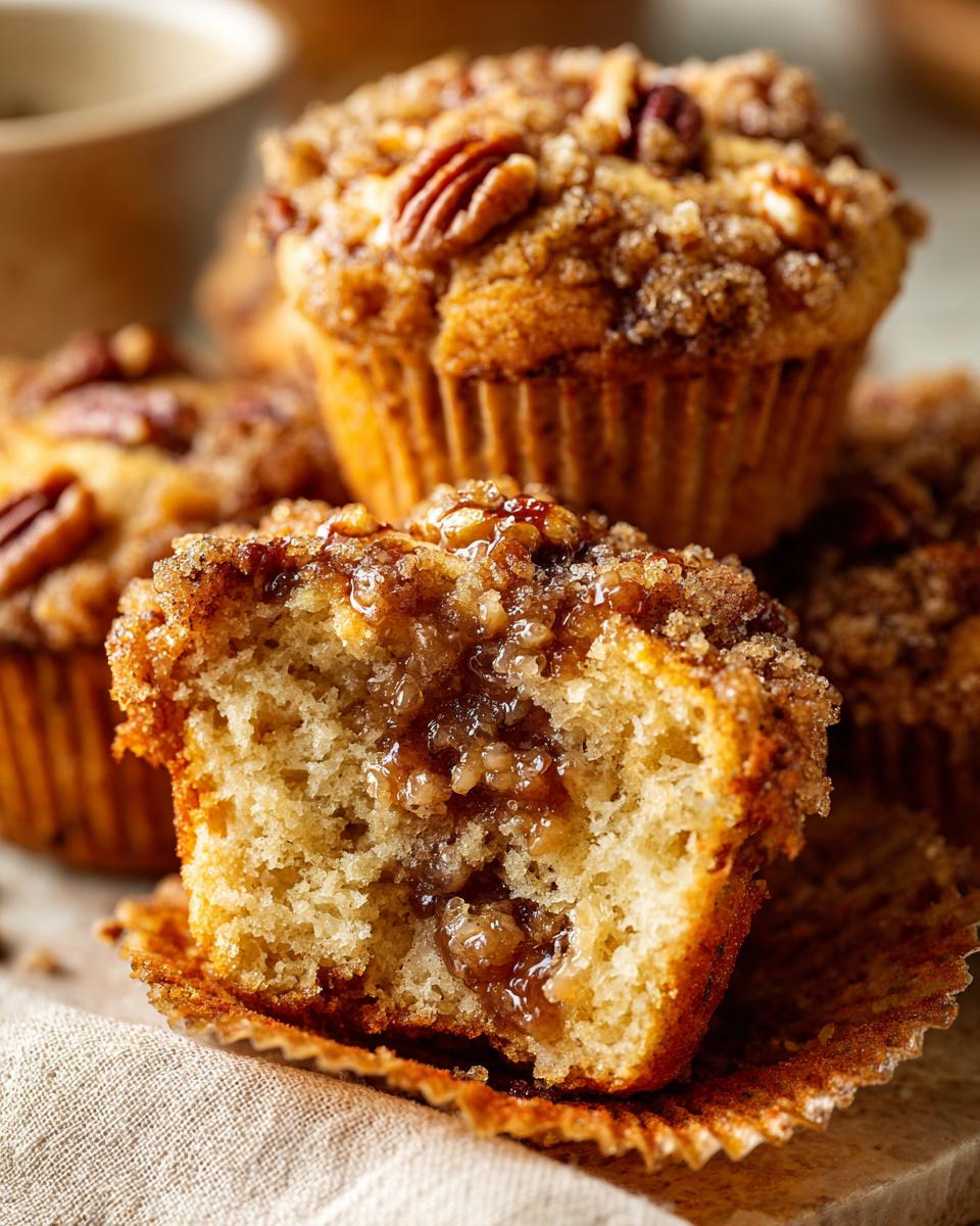 A pecan pie muffin cut in half showing the gooey pecan filling inside, topped with streusel and whole pecans.