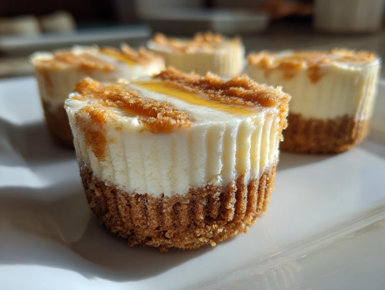 A cross-section of a no-bake cheesecake cupcake showing a graham cracker crust and creamy filling, topped with fruit glaze.