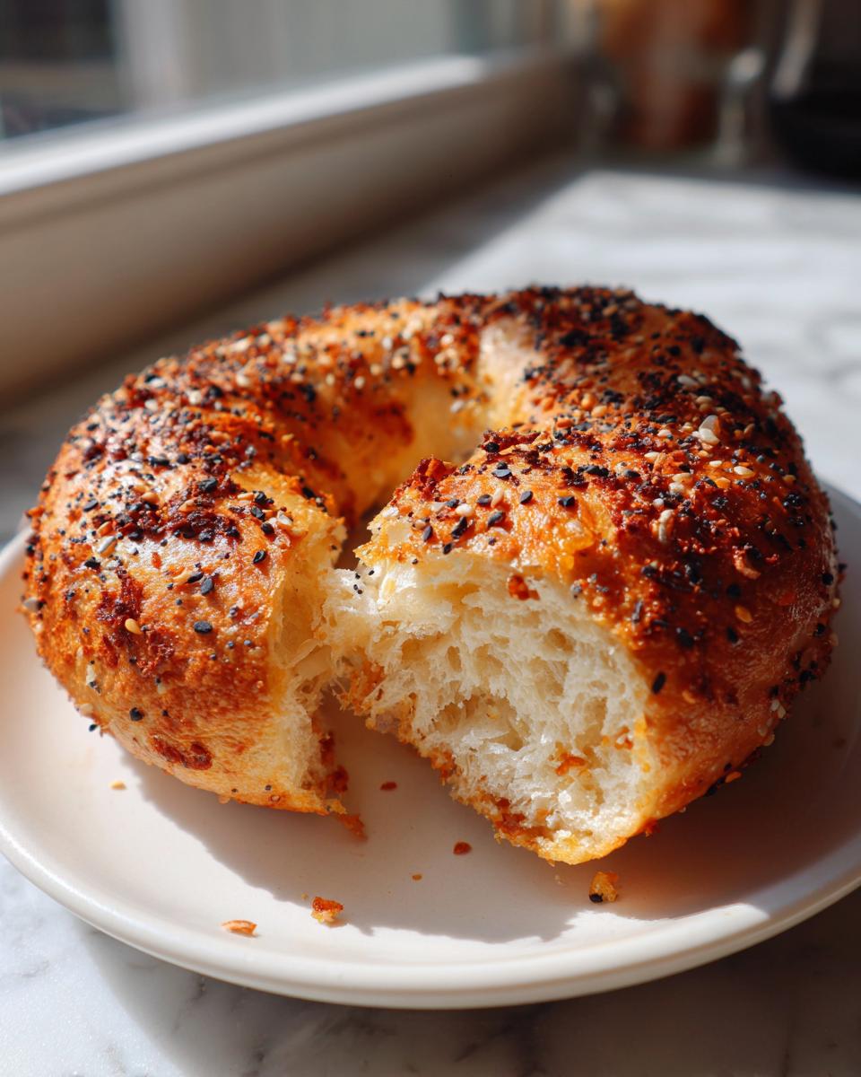 Close-up of an everything sourdough discard bagel torn in half, showing the fluffy interior.