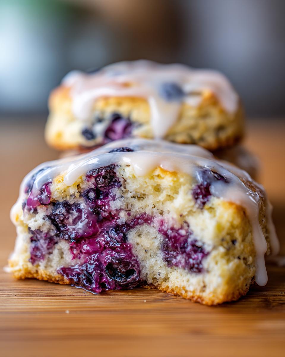 Close-up cross-section of a flaky blueberry scone, showing moist interior packed with purple blueberries and topped with white glaze.